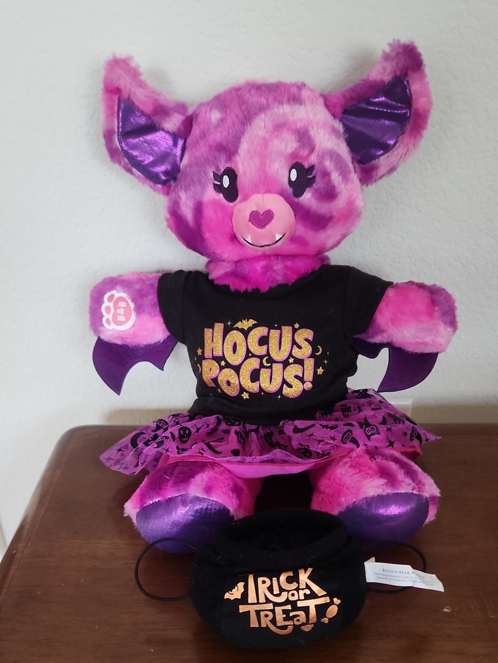 Build- A- Bear Midnight Shimmer Bat With Hocus Pocus Outfit/Cauldron Pink Purple